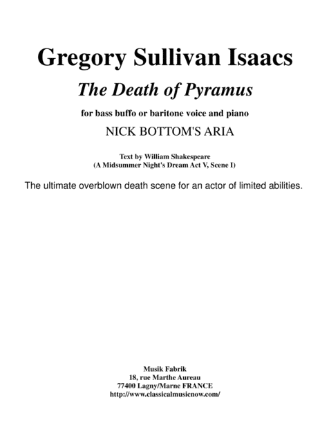 Gregory Sullivan Isaacs The Death Of Pyramus For Bass Buffo Or Baritone Voice And Piano Sheet Music