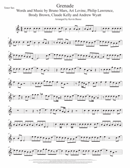 Grenade Easy Key Of C Tenor Sax Sheet Music