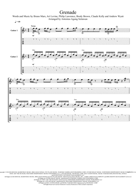 Grenade Fingerstyle Guitar Duet Sheet Music