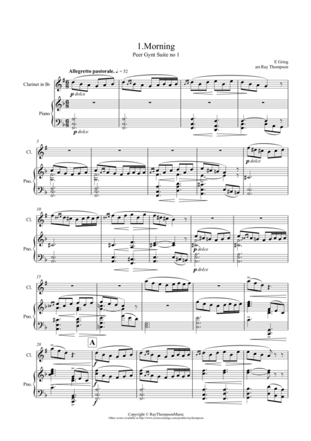 Free Sheet Music Grieg 1 Morning Peer Gynt Suite No 1 Clarinet And Piano