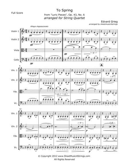 Free Sheet Music Grieg E To Spring For String Quartet