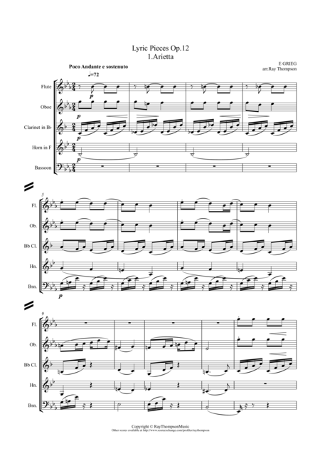 Grieg Lyric Suite Op 12 Wind Quintet Sheet Music