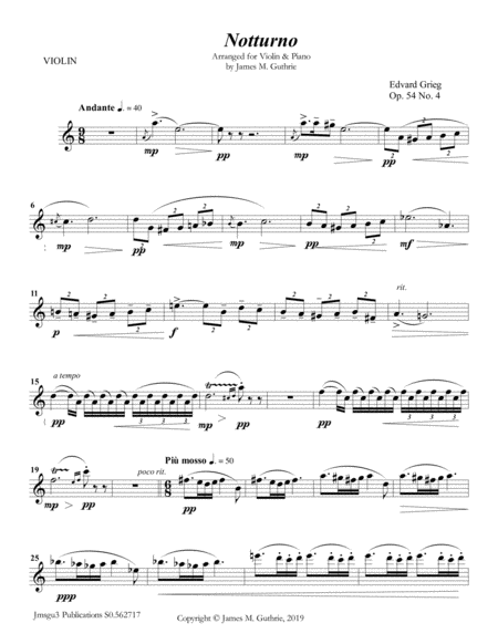 Grieg Notturno Op 54 No 4 For Violin Piano Sheet Music