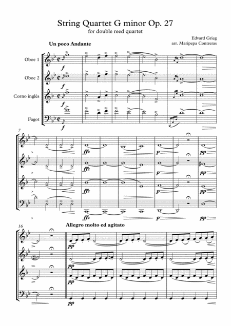 Grieg String Quartet Gm Op 27 For Double Reed Quartet Sheet Music