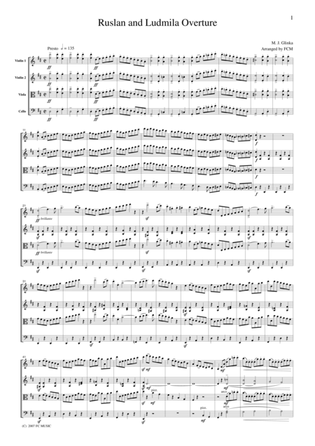 Free Sheet Music Grinka Ruslan And Ludmila Overture For String Quartet Cg101
