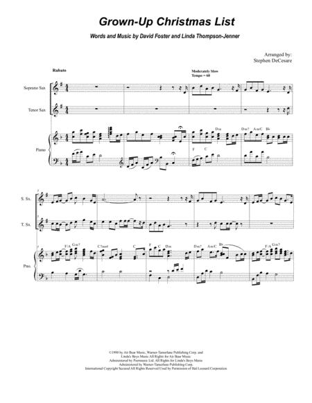 Free Sheet Music Grown Up Christmas List Duet For Soprano And Tenor Saxophone