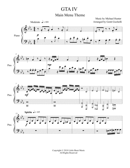Free Sheet Music Gta Iv Main Menu Theme Piano Solo