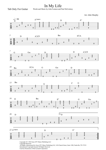 Free Sheet Music Guitar Tab For In My Life Beatles