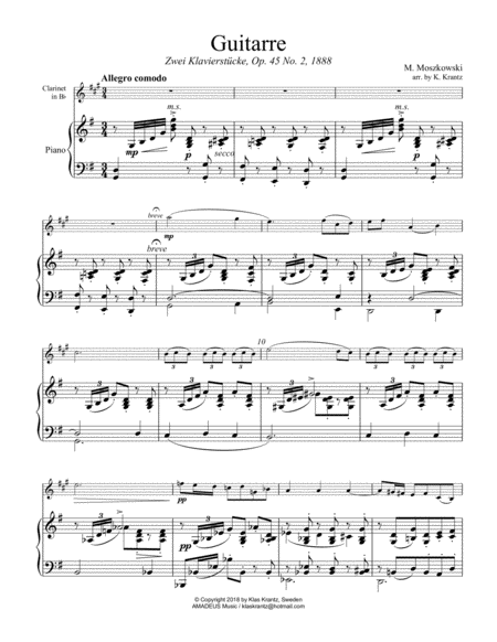 Guitarre Op 45 No 2 For Clarinet In Bb And Piano Sheet Music