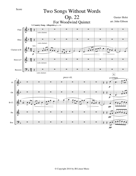 Free Sheet Music Gustav Holst Two Songs Without Words Set For Woodwind Quintet