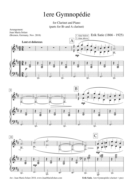 Free Sheet Music Gymnopedie No 1 Clarinet Piano