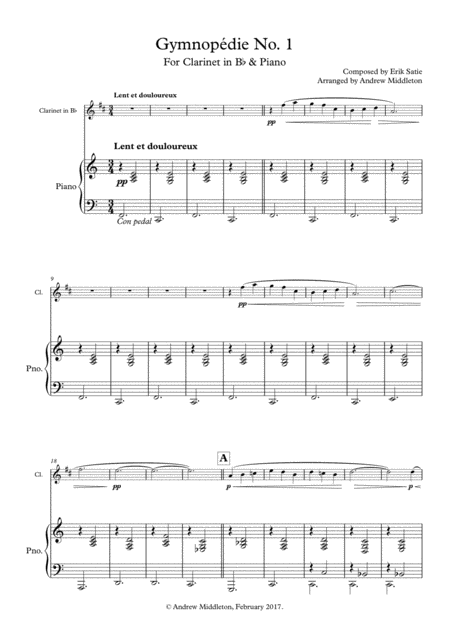 Free Sheet Music Gymnopedie No 1 For Clarinet In B Flat And Piano