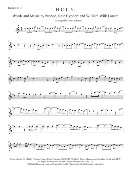 Free Sheet Music H O L Y Easy Key Of C Trumpet