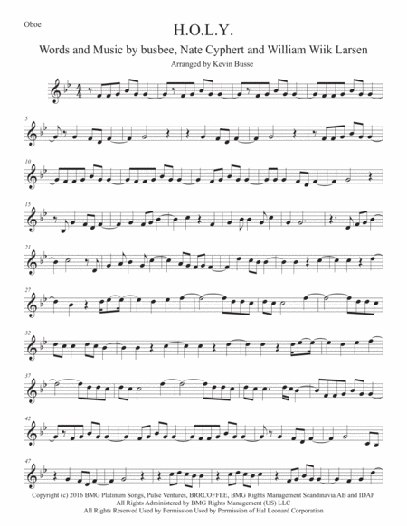 Free Sheet Music H O L Y Original Key Oboe