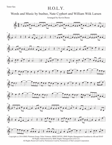 Free Sheet Music H O L Y Original Key Tenor Sax