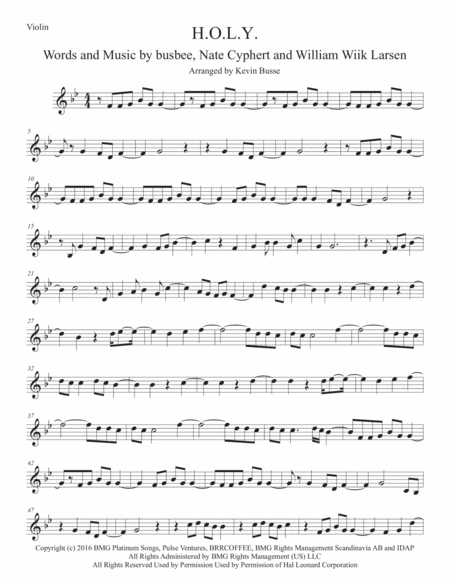 Free Sheet Music H O L Y Original Key Violin
