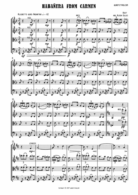 Habaera From Carmen String Quartet Sheet Music