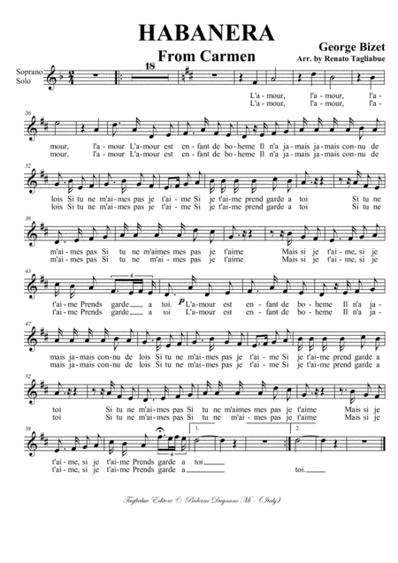 Free Sheet Music Habanera Arr For Soprano And Satb Choir Part For Soprano Solo Carmen