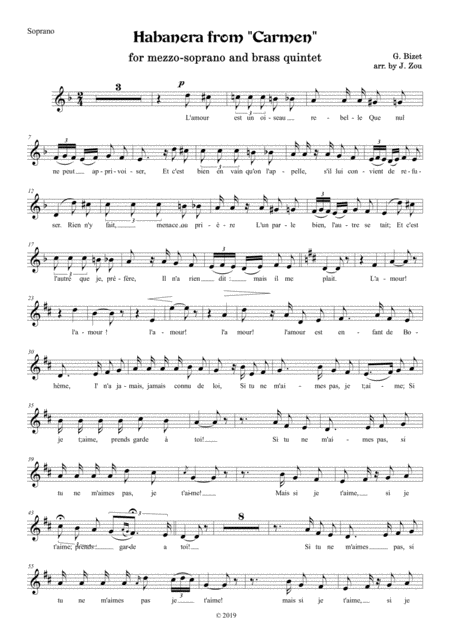 Free Sheet Music Habanera From Carmen For Mezzo Soprano And Brass Quintet