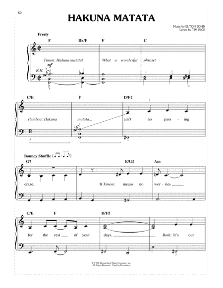 Hakuna Matata From The Lion King Broadway Musical Sheet Music