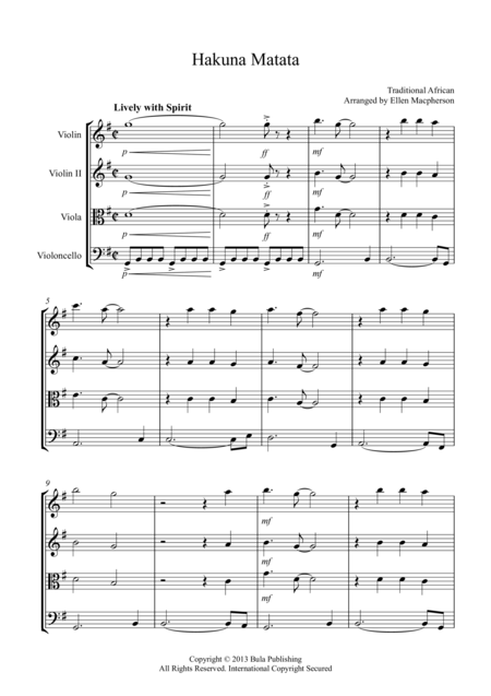 Hakuna Matata Traditional African String Quartet Sheet Music