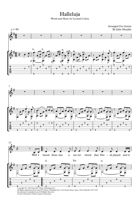 Free Sheet Music Halleluja For Fingerstyle Guitar Voice Lyrics Tab And Chords