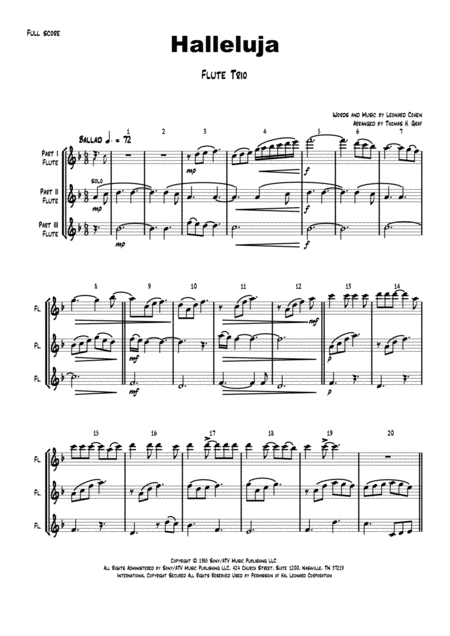 Free Sheet Music Halleluja Sophisticated Arrangement Of Cohens Classic Flute Trio