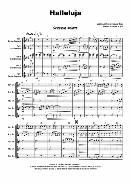 Halleluja Sophisticated Arrangement Of Cohens Classic Saxophone Quintet Sheet Music