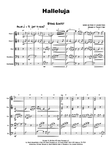 Free Sheet Music Halleluja Sophisticated Arrangement Of Cohens Classic String Quintet