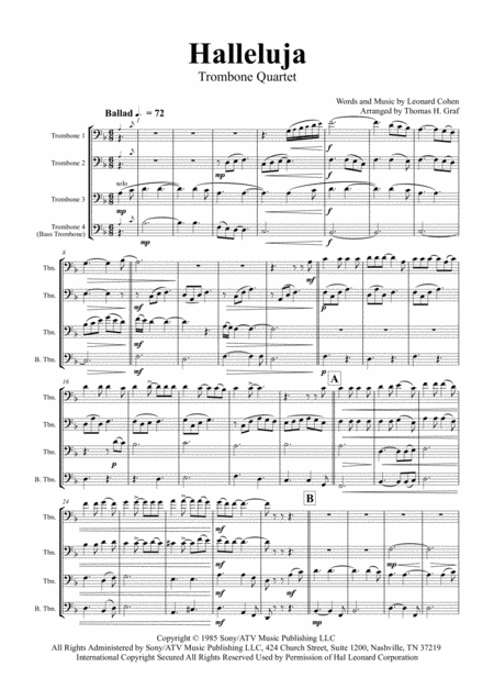 Free Sheet Music Halleluja Sophisticated Arrangement Of Cohens Classic Trombone Quartet