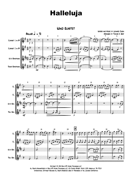 Halleluja Sophisticated Arrangement Of Cohens Classic Wind Quartet Sheet Music