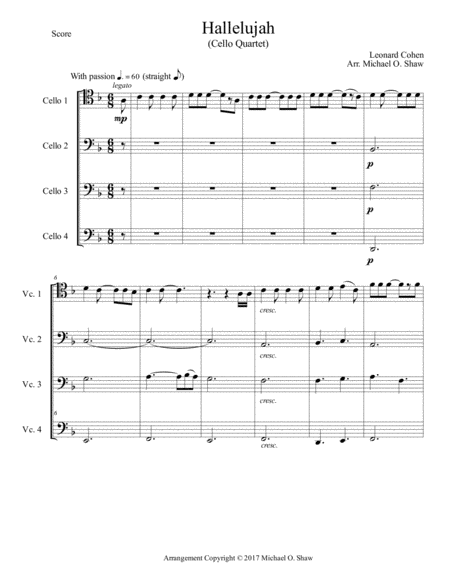 Hallelujah By Leonard Cohen For 4 Cellos Sheet Music