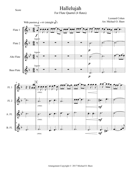 Hallelujah By Leonard Cohen For Flute Quartet 2 Flutes Alto Bass Sheet Music