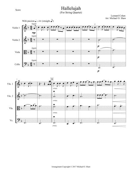 Free Sheet Music Hallelujah By Leonard Cohen For String Quartet