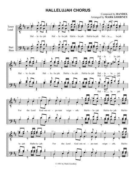 Hallelujah Chorus In D Barbershop Men Ttbb Chorus Quartet Sheet Music