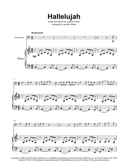 Free Sheet Music Hallelujah Easy Cello Piano Duet