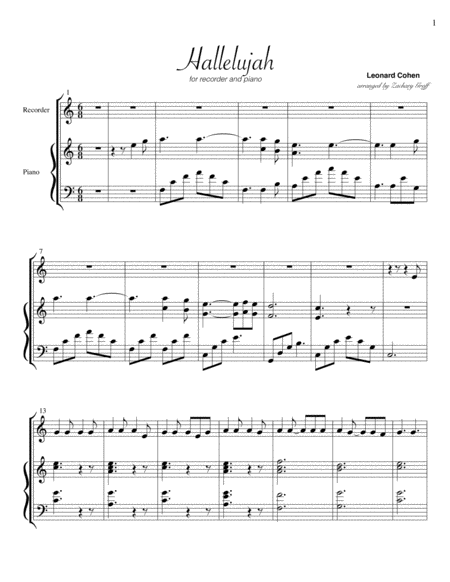 Free Sheet Music Hallelujah For Soprano Recorder And Piano