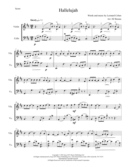 Hallelujah For String Duet Violin Cello Sheet Music