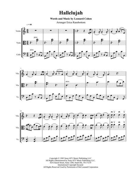 Hallelujah For String Trio Violin Viola Or 2nd Violin Cello Sheet Music