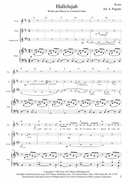 Hallelujah In D For Voice Violin Clarinet In B And Keyboard Sheet Music