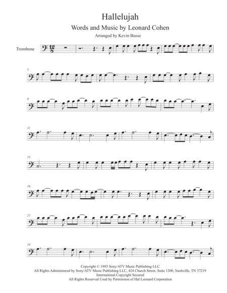 Hallelujah In The Easy Key Of C Trombone Sheet Music