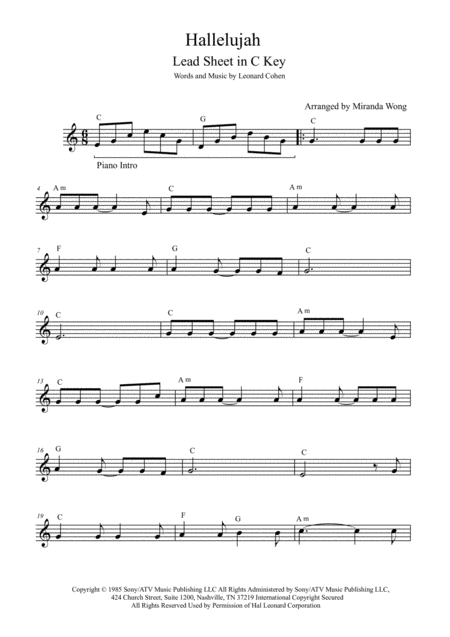 Hallelujah Lead Sheet In C Key With Chords Sheet Music