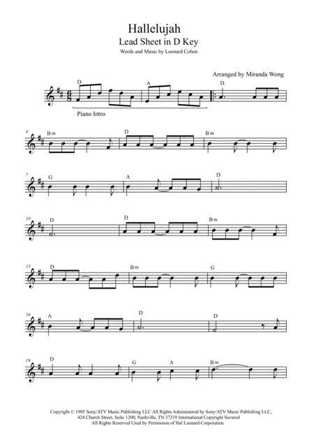 Hallelujah Lead Sheet In D Key With Chords Sheet Music