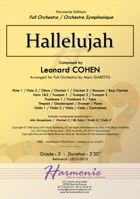 Hallelujah Leonard Cohen Arranged For Full Orchestra By Marc Garetto Sheet Music