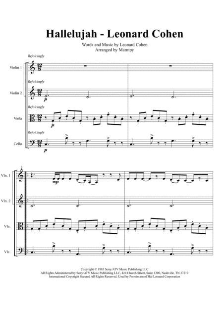 Hallelujah Leonard Cohen Arranged For String Quartet Sheet Music