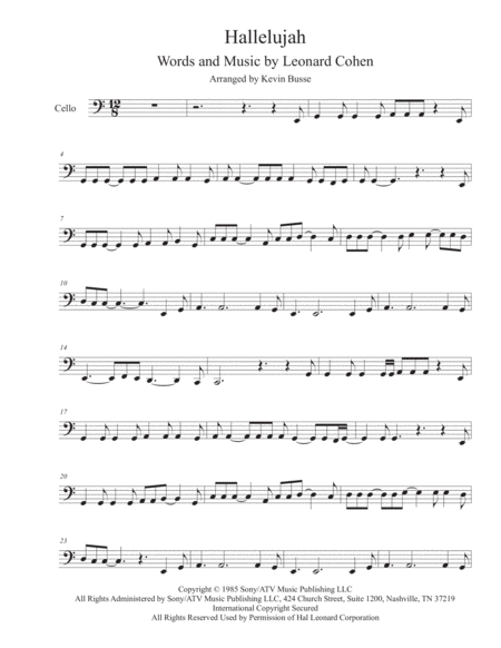 Free Sheet Music Hallelujah Original Key Cello