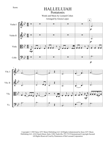 Hallelujah Pentatonix Shrek For Strings Quartet Sheet Music