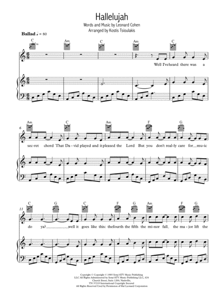 Hallelujah Piano Guitar Tab Vocal Sheet Music