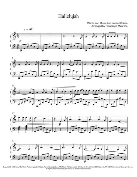 Hallelujah Piano Solo Arrangement Easy Leonard Cohen Sheet Music