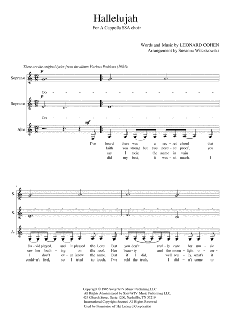 Free Sheet Music Hallelujah Ssa A Cappella